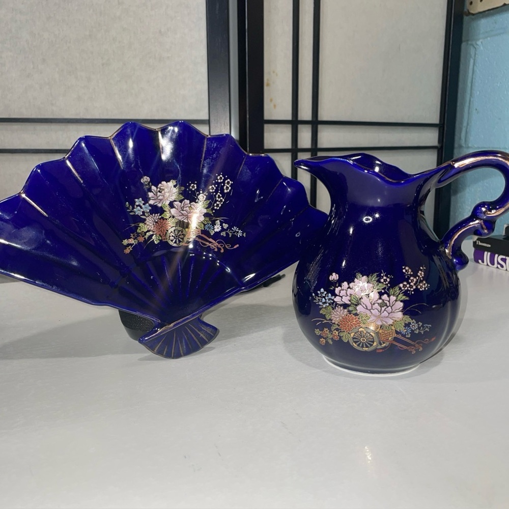 Vintage Japanese Cobalt Blue Porcelain Set-Fan Trinket Dish & Small Pitcher Gold